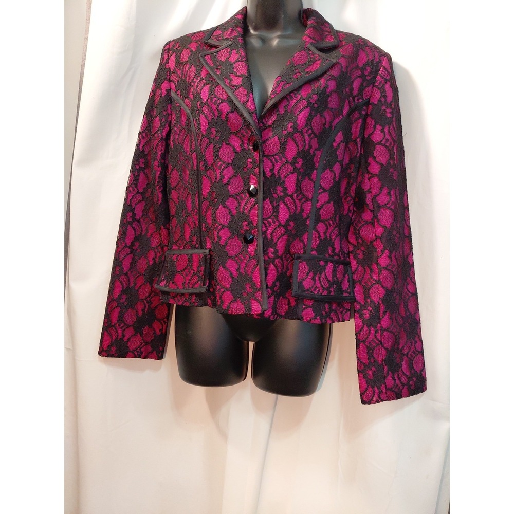 JS Collections Blazer Y2k‎ Womens 12 Pink With Black Floral Lace  Jacket